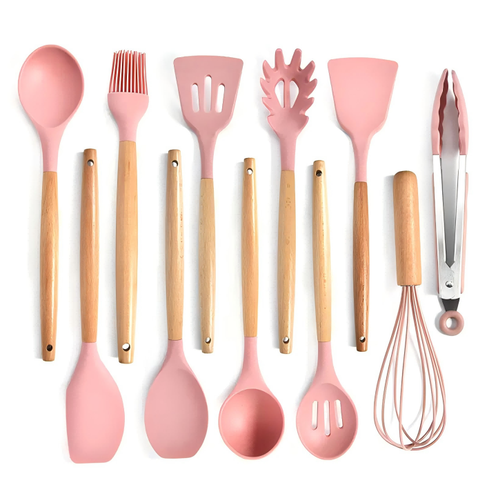 Non stick Wooden Silicone Cooking Utensils with Holder